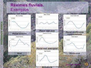 Réximes fluviais.
                      Exemplos
DIVERSIDADE HÍDRICA




                                            Pluvial med. puro
                                                                    Pluvial mediterráneo
                      Pluvial oceánico                                continentalizado




                                         Pluvial med. subtropical

                           Nival                                        Pluvio-nival




                                                                                           13
                                                                    Henrique Hervés        13
                                               Nivo-pluvial
 