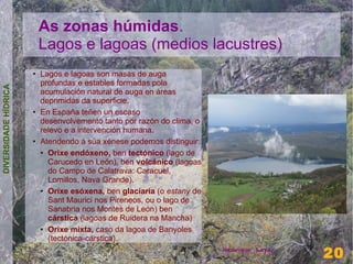 As zonas húmidas.
                          Lagos e lagoas (medios lacustres)
                      ●   Lagos e lagoas son masas de auga
                          profundas e estables formadas pola
DIVERSIDADE HÍDRICA




                          acumulación natural de auga en áreas
                          deprimidas da superficie.
                      ●   En España teñen un escaso
                          desenvolvemento tanto por razón do clima, o
                          relevo e a intervención humana.
                      ●   Atendendo á súa xénese podemos distinguir:
                          ● Orixe endóxeno, ben tectónico (lago de

                            Carucedo en León), ben volcánico (lagoas
                            do Campo de Calatrava: Caracuel,
                            Lomillos, Nava Grande).
                          ● Oríxe esóxena, ben glaciaria (o estany de

                            Sant Maurici nos Pireneos, ou o lago de
                            Sanabria nos Montes de León) ben
                            cárstica (lagoas de Ruidera na Mancha)
                          ● Orixe mixta, caso da lagoa de Banyoles

                            (tectónica-cárstica).
                                                                                         20
                                                                        Henrique Sayar
                                                                                         20
 