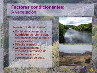 Factores condicionantes:
                      A vexetación.
DIVERSIDADE HÍDRICA




                      A presenza de vexetación:
                      ● Contribúe a conservar a

                        humidade ao reter a auga
                        das precipitacións e reducir
                        a evaporación.
                      ● Dificulta a erosión.

                      ● Conseguintemente,

                        favorece a formación de
                        acuíferos e cursos
                        permantentes de auga.
                      ●




                                                                         8
                                                       Henrique Hervés
                                                                         8
 