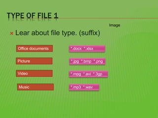 TYPE OF FILE 1
 Lear about file type. (suffix)
Picture
Image
Video
Music
Office documents
*.mp3 *.wav
*.mpg *.avi *.3gp
*.jpg *.bmp *.png
*.docx *.xlsx
 