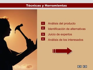 Técnicas y Herramientas




         1   Análisis del producto
         2
             Identificación de alternativas
         3   Juicio de expertos
         4
             Análisis de los interesados
 