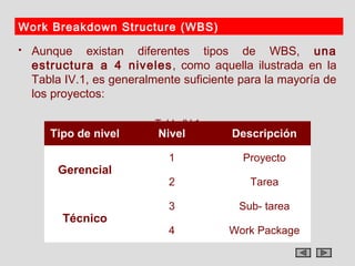 Work Breakdown Structure (WBS)
   Aunque existan diferentes tipos de WBS, una
    estructura a 4 niveles, como aquella ilustrada en la
    Tabla IV.1, es generalmente suficiente para la mayoría de
    los proyectos:

                           Tabla IV.1
       Tipo de nivel       Nivel         Descripción

                              1            Proyecto
        Gerencial
                              2             Tarea

                              3           Sub- tarea
         Técnico
                              4         Work Package
 