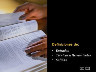 Definiciones de:
   Entradas
   Técnicas y Herramientas
   Salidas
 