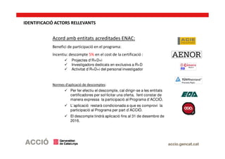 Acord amb entitats acreditades ENAC:
Benefici de participació en el programa:
Incentiu: descompte 5% en el cost de la certificació :
Normes d'aplicació de descomptes:
Projectes d'R+D+i
Investigadors dedicats en exclusiva a R+D
Activitat d’R+D+i del personal investigador
Per fer efectiu el descompte, cal dirigir-se a les entitats
certificadores per sol·licitar una oferta, fent constar de
manera expressa la participació al Programa d’ACCIÓ.
L’aplicació restarà condicionada a que es comprovi la
participació al Programa per part d’ACCIÓ.
El descompte tindrà aplicació fins al 31 de desembre de
2016.
IDENTIFICACIÓ ACTORS RELLEVANTS
 