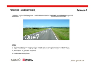 Objectiu: Ajudar a les empreses a entendre els incentius i a establir una estratègia d’aplicació.
Eines:
1.- Organització de jornades pròpies per introducció de conceptes i enfocament estratègic.
2.- Participació en jornades sectorials.
3.- Tallers amb casos pràctics
Què?
Com?
Per què ?
Actuació 1FORMACIÓ I SENSIBILITZACIÓ
 