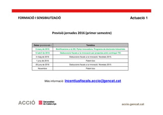 FORMACIÓ I SENSIBILITZACIÓ
Dates (provisionals ) Temàtica
9 març de 2016 Bonificacions a la SS; Pyme innovadora. Programa de doctorats Industrials
12 abril de 2016 Deduccions fiscals a la innovació per projectes amb contingut TIC
4 maig de 2016 Deduccions fiscals a la innovació. Novetats 2015.
1 juny de 2016 Patent box
29 juny de 2016 Deduccions fiscals a la innovació. Novetats 2015.
Novembre Patent box
Previsió jornades 2016 (primer semestre)
Actuació 1
Més informació incentiusfiscals.accio@gencat.cat
 