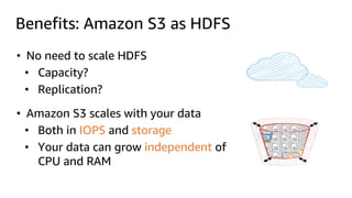Benefits: Amazon S3 as HDFS
• No need to scale HDFS
• Capacity?
• Replication?
• Amazon S3 scales with your data
• Both in IOPS and storage
• Your data can grow independent of
CPU and RAM
 