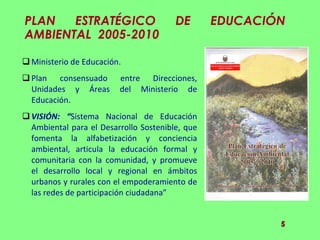 PLAN ESTRATÉGICO DE EDUCACIÓN AMBIENTAL  2005-2010 Ministerio de Educación. Plan consensuado entre Direcciones, Unidades y Áreas del Ministerio de Educación. VISIÓN: “ Sistema Nacional de Educación Ambiental para el Desarrollo Sostenible, que fomenta la alfabetización y conciencia ambiental, articula la educación formal y comunitaria con la comunidad, y promueve el desarrollo local y regional en ámbitos urbanos y rurales con el empoderamiento de las redes de participación ciudadana” 