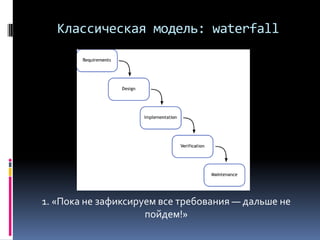 Классическая модель: waterfall
1. «Пока не зафиксируем все требования — дальше не
пойдем!»
 