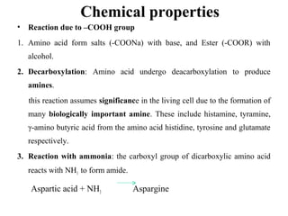 Chemical properties
• Reaction due to –COOH group
1. Amino acid form salts (-COONa) with base, and Ester (-COOR) with
alcohol.
2. Decarboxylation: Amino acid undergo deacarboxylation to produce
amines.
this reaction assumes significance in the living cell due to the formation of
many biologically important amine. These include histamine, tyramine,
γ-amino butyric acid from the amino acid histidine, tyrosine and glutamate
respectively.
3. Reaction with ammonia: the carboxyl group of dicarboxylic amino acid
reacts with NH3 to form amide.
Aspartic acid + NH3 Aspargine
 
