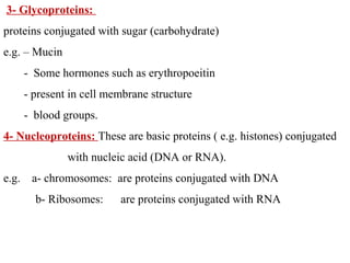 3- Glycoproteins:
proteins conjugated with sugar (carbohydrate)
e.g. – Mucin
- Some hormones such as erythropoeitin
- present in cell membrane structure
- blood groups.
4- Nucleoproteins: These are basic proteins ( e.g. histones) conjugated
with nucleic acid (DNA or RNA).
e.g. a- chromosomes: are proteins conjugated with DNA
b- Ribosomes: are proteins conjugated with RNA
 