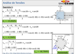 Eng., M.Sc., Prof., Felipe Ozório Monteiro da Gama
Exercício 1:
θ×τ+θ×
σ−σ
+
σ+σ
=σ 2sen2cos
22
xy
yxyx
'x
θ×τ+θ×




 σ−σ
−=τ 2cos2sen
2
xy
yx
'y'x
θ×τ−θ×
σ−σ
−
σ+σ
=σ 2sen2cos
2
)(
2
xy
yxyx
'y
Análise de Tensões
)30(2sen)25()30(2cos
2
)50()80(
2
)50()80(
−×−+−×
+−−
+
++−
=
MPa85,25'x −=σ
)30(2sen)25()30(2cos
2
)50()80(
2
)50()80(
−×−−−×
+−−
−
++−
=
MPa15,4'y −=σ
)30(2cos)25()30(2sen
2
)50()80(
−×−+−×




 +−−
−=
MPa79,68'y'x −=τ
24
30°
Representação
 