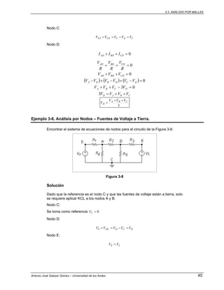 3.3. ANÁLISIS POR MALLAS
Antonio José Salazar Gómez – Universidad de los Andes 45
Nodo C:
CECCES VVVVV =−==2
Nodo D:
0=++ CDBDAD III
0=++
R
V
R
V
R
V CDBDAD
0=++ CDBDAD VVV
( ) ( ) ( ) 0=−+−+− DCDBDA VVVVVV
03 =−++ DCBA VVVV
CBAD VVVV ++=3
3
CBA
D
VVV
V
++
=
Ejemplo 3-6. Análisis por Nodos – Fuentes de Voltaje a Tierra.
Encontrar el sistema de ecuaciones de nodos para el circuito de la Figura 3-8.
Figura 3-8
Solución
Dado que la referencia es el nodo C y que las fuentes de voltaje están a tierra, solo
se requiere aplicar KCL a los nodos A y B.
Nodo C:
Se toma como referencia 0=CV
Nodo D:
DCDDC VVVVV =−==0
Nodo E:
LE VV =
 