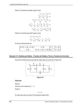 3. ANÁLISIS POR NODOS Y MALLAS
46 Antonio José Salazar Gómez – Universidad de los Andes
Nodo A: (corrientes que salen igual a cero)
1
0
2241
412421
241
241
1111
0
111
0
0
0
R
V
R
V
RRR
V
R
V
R
V
R
V
RRR
V
R
VV
R
VV
R
VV
R
V
R
V
R
V
III
BA
CDB
A
BACADA
ABACAD
ABACAD
=⎟⎟
⎠
⎞
⎜⎜
⎝
⎛ −
+⎟⎟
⎠
⎞
⎜⎜
⎝
⎛
++
=−−−⎟⎟
⎠
⎞
⎜⎜
⎝
⎛
++
=
−
+
−
+
−
=++
=++
Nodo B: (corrientes que salen igual a cero)
35322
1111
0
R
V
RRR
V
R
V
III
L
BA
BEBCBA
=⎟⎟
⎠
⎞
⎜⎜
⎝
⎛
+++⎟⎟
⎠
⎞
⎜⎜
⎝
⎛
−
=++
En forma matricial tenemos:
( )
( ) ⎥
⎦
⎤
⎢
⎣
⎡
=⎥
⎦
⎤
⎢
⎣
⎡
⎥
⎦
⎤
⎢
⎣
⎡
++−
−++
3
1
5322
2421
/
/
/1/1/1/1
/1/1/1/1
RV
RV
V
V
RRRR
RRRR
L
O
B
A
Ejemplo 3-7. Análisis por Nodos – Fuentes de Voltaje a Tierra y Fuentes de Corriente.
Encontrar el sistema de ecuaciones de nodos para el circuito de la Figura 3-9.
Figura 3-9
Solución
Nodo C:
Se toma como referencia 0=CV
Nodo D:
DVV =0
En este caso solo los nodos A y B requieren aplicar KCL.
 