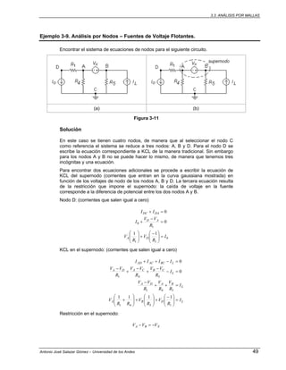 3.3. ANÁLISIS POR MALLAS
Antonio José Salazar Gómez – Universidad de los Andes 49
Ejemplo 3-9. Análisis por Nodos – Fuentes de Voltaje Flotantes.
Encontrar el sistema de ecuaciones de nodos para el siguiente circuito.
(a) (b)
Figura 3-11
Solución
En este caso se tienen cuatro nodos, de manera que al seleccionar el nodo C
como referencia el sistema se reduce a tres nodos: A, B y D. Para el nodo D se
escribe la ecuación correspondiente a KCL de la manera tradicional. Sin embargo
para los nodos A y B no se puede hacer lo mismo, de manera que tenemos tres
incógnitas y una ecuación.
Para encontrar dos ecuaciones adicionales se procede a escribir la ecuación de
KCL del supernodo (corrientes que entran en la curva gaussiana mostrada) en
función de los voltajes de nodo de los nodos A, B y D. La tercera ecuación resulta
de la restricción que impone el supernodo: la caída de voltaje en la fuente
corresponde a la diferencia de potencial entre los dos nodos A y B.
Nodo D: (corrientes que salen igual a cero)
0
11
1
0
11
0
0
I
R
V
R
V
R
VV
I
II
DA
AD
DADC
=⎟⎟
⎠
⎞
⎜⎜
⎝
⎛ −
+⎟⎟
⎠
⎞
⎜⎜
⎝
⎛
=
−
+
=+
KCL en el supernodo: (corrientes que salen igual a cero)
LDBA
L
BADA
L
CBCADA
LBCACAD
I
R
V
R
V
RR
V
I
R
V
R
V
R
VV
I
R
VV
R
VV
R
VV
IIII
=⎟⎟
⎠
⎞
⎜⎜
⎝
⎛ −
+⎟⎟
⎠
⎞
⎜⎜
⎝
⎛
+⎟⎟
⎠
⎞
⎜⎜
⎝
⎛
+
=++
−
=−
−
+
−
+
−
=−++
1541
541
541
1111
0
0
Restricción en el supernodo:
XBA VVV −=−
 