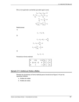 3.3. ANÁLISIS POR MALLAS
Antonio José Salazar Gómez – Universidad de los Andes 51
KCL en el supernodo: (corrientes que salen igual a cero)
2
32
2
2
3
2
2
3
21
11
0
0
0
I
R
V
R
V
R
V
I
R
V
R
VV
I
R
VV
III
CB
BC
DBDC
BDBDCD
=⎟⎟
⎠
⎞
⎜⎜
⎝
⎛
+⎟⎟
⎠
⎞
⎜⎜
⎝
⎛
=+−
=
−
+−
−
=++
Restricciones:
1)
2/ RVI BX −=
2)
01
0
2
2
2
=⎟⎟
⎠
⎞
⎜⎜
⎝
⎛
−+
=+−
−==−
R
k
VV
R
V
kVV
R
V
kkIVV
BA
B
BA
B
XBA
3)
1VVV CB =−
Poniendo en forma matricial:
( )
⎥
⎥
⎥
⎦
⎤
⎢
⎢
⎢
⎣
⎡
=
⎥
⎥
⎥
⎦
⎤
⎢
⎢
⎢
⎣
⎡
⎥
⎥
⎥
⎦
⎤
⎢
⎢
⎢
⎣
⎡
−
−
1
2
2
32
0
110
01/1
/1/10
V
I
V
V
V
Rk
RR
C
B
A
Ejemplo 3-11. Análisis por Nodos y Mallas.
Plantear las ecuaciones en forma matricial para el circuito de la Figura 3-14 por los
siguientes métodos:
a. Análisis de mallas.
b. Análisis de nodos.
 