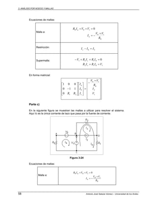 3. ANÁLISIS POR NODOS Y MALLAS
58 Antonio José Salazar Gómez – Universidad de los Andes
Ecuaciones de mallas:
Malla a:
0
10
100 0
R
VV
I
VVIR
a
a
+
−=
=++
Restricción:
2III bc =−
Supermalla:
112
121 0
VIRIR
IRIRV
bc
bc
=+
=++−
En forma matricial:
⎥
⎥
⎥
⎥
⎥
⎦
⎤
⎢
⎢
⎢
⎢
⎢
⎣
⎡ +
−
=
⎥
⎥
⎥
⎦
⎤
⎢
⎢
⎢
⎣
⎡
⎥
⎥
⎥
⎦
⎤
⎢
⎢
⎢
⎣
⎡
−
1
2
0
10
210
110
001
V
I
R
VV
I
I
I
RR c
b
a
Parte c)
En la siguiente figura se muestran las mallas a utilizar para resolver el sistema.
Aquí Ic es la única corriente de lazo que pasa por la fuente de corriente.
Figura 3-24
Ecuaciones de mallas:
Malla a:
0
10
100 0
R
VV
I
VVIR
a
a
+
−=
=++
 