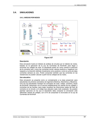 3.4. SIMULACIONES
Antonio José Salazar Gómez – Universidad de los Andes 61
3.4. SIMULACIONES 
3.4.1. ANÁLISIS POR NODOS 
Figura 3-27
Descripción
Esta simulación ilustra el método de análisis de circuitos por el método de nodos,
basado en la aplicación de la Ley de Corrientes de Kirchhoff, para llegar a
encontrar los voltajes de nodo. El estudiante podrá ver como cambia la dirección
de la corriente real y como las corrientes toman valores positivos a negativos con
respecto a la dirección definida inicialmente como positiva y como la suma de tales
corrientes siempre es cero. Podrá comprobar también que las corrientes en las
resistencias se pueden calcular a partir de los voltajes de los nodos.
Uso educativo
Esta simulación se presenta como un complemento a la clase presencial, para
estudiantes de primeros semestres de Ingeniería Eléctrica, Electrónica y Mecánica.
Una vez los estudiantes manejan los conceptos de nodo, voltaje, corriente y leyes
de Kirchhoff, interactúan con el recurso estableciendo los valores de los voltajes y
corrientes de las fuentes, para luego visualizar las direcciones reales del flujo de
corriente en el circuito y el voltaje que adquiere cada nodo analizado. Se pueden
plantear ejercicios en los que el estudiante deba comparar la simulación ante
diferentes valores de voltajes, con el fin de comprobar lo enunciado en la Ley de
Corrientes de Kirchhoff.
 