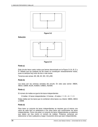3. ANÁLISIS POR NODOS Y MALLAS
38 Antonio José Salazar Gómez – Universidad de los Andes
Figura 3-2
Solución
Figura 3-3
Parte a)
Este circuito tiene cuatro nodos que hemos denominado en la Figura 3-3 A, B, C y
D. Nótese que los quiebres de las líneas no constituyen necesariamente nodos,
pues no siempre hay unión de dos o más ramas.
Tenemos seis ramas: AD, AB, AC, BC, CD y BD.
Parte b)
Los lazos son los caminos cerrados del circuito. En este caso serían: ABDA,
ABCA, CBDB, ACDA, ACBDA, CABDC, ADCBA.
Parte c)
El número de mallas es igual al de lazos independientes:
# mallas = # lazos independientes = # ramas – # nodos + 1 = 6 – 4 + 1 = 3
Estas mallas son los lazos que no contienen otros lazos a su interior: ABDA, ABCA
y CBDB.
Parte d)
Para tener un conjunto de lazos independientes se requiere que al menos una
rama de cada lazo no pertenezca a los otros lazos que conformarán los lazos
independientes. Como nos piden un conjunto de lazos independientes ya sabemos
que deben ser tres (como el número de mallas). Podemos comenzar por
seleccionar un lazo cualquiera y luego ir buscando otros que sean independientes.
 