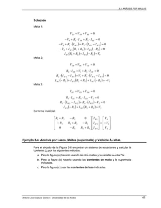 3.3. ANÁLISIS POR MALLAS
Antonio José Salazar Gómez – Universidad de los Andes 41
Solución
Malla 1:
0=++ BEABEA VVV
0210 =⋅+⋅+− BEAB IRIRV
( ) ( ) 0212110 =−⋅+⋅+− MMM IIRIRV
( ) ( ) 0222110 =−+++− RIRRIV MM
( ) ( ) 022211
VRIRRI MM =−++
Malla 2:
0=++ CEBCEB VVV
0312 =⋅++⋅ CEEB IRVIR
( ) ( ) 03231122 =−⋅++−⋅ MMMM IIRVIIR
( ) ( ) ( ) 13332221
VRIRRIRI MMM −=−+++−
Malla 3:
0=++ DECDEC VVV
0243 =−⋅+⋅ VIRIR CDEC
( ) ( ) 0234233 =−⋅+−⋅ VIRIIR MMM
( ) ( ) 243332 VRRIRI MM =++−
En forma matricial:
⎥
⎥
⎥
⎦
⎤
⎢
⎢
⎢
⎣
⎡
−=
⎥
⎥
⎥
⎦
⎤
⎢
⎢
⎢
⎣
⎡
⎥
⎥
⎥
⎦
⎤
⎢
⎢
⎢
⎣
⎡
+−
−+−
−+
2
1
0
3
2
1
433
3322
221
0
0
V
V
V
I
I
I
RRR
RRRR
RRR
M
M
M
Ejemplo 3-4. Análisis por Lazos, Mallas (supermalla) y Variable Auxiliar.
Para el circuito de la Figura 3-6 encontrar un sistema de ecuaciones y calcular la
corriente IM1 por los siguientes métodos:
a. Para la figura (a) hacerlo usando las dos mallas y la variable auxiliar Vx.
b. Para la figura (b) hacerlo usando las corrientes de malla y la supermalla
indicadas.
c. Para la figura (c) usar las corrientes de lazo indicadas.
 