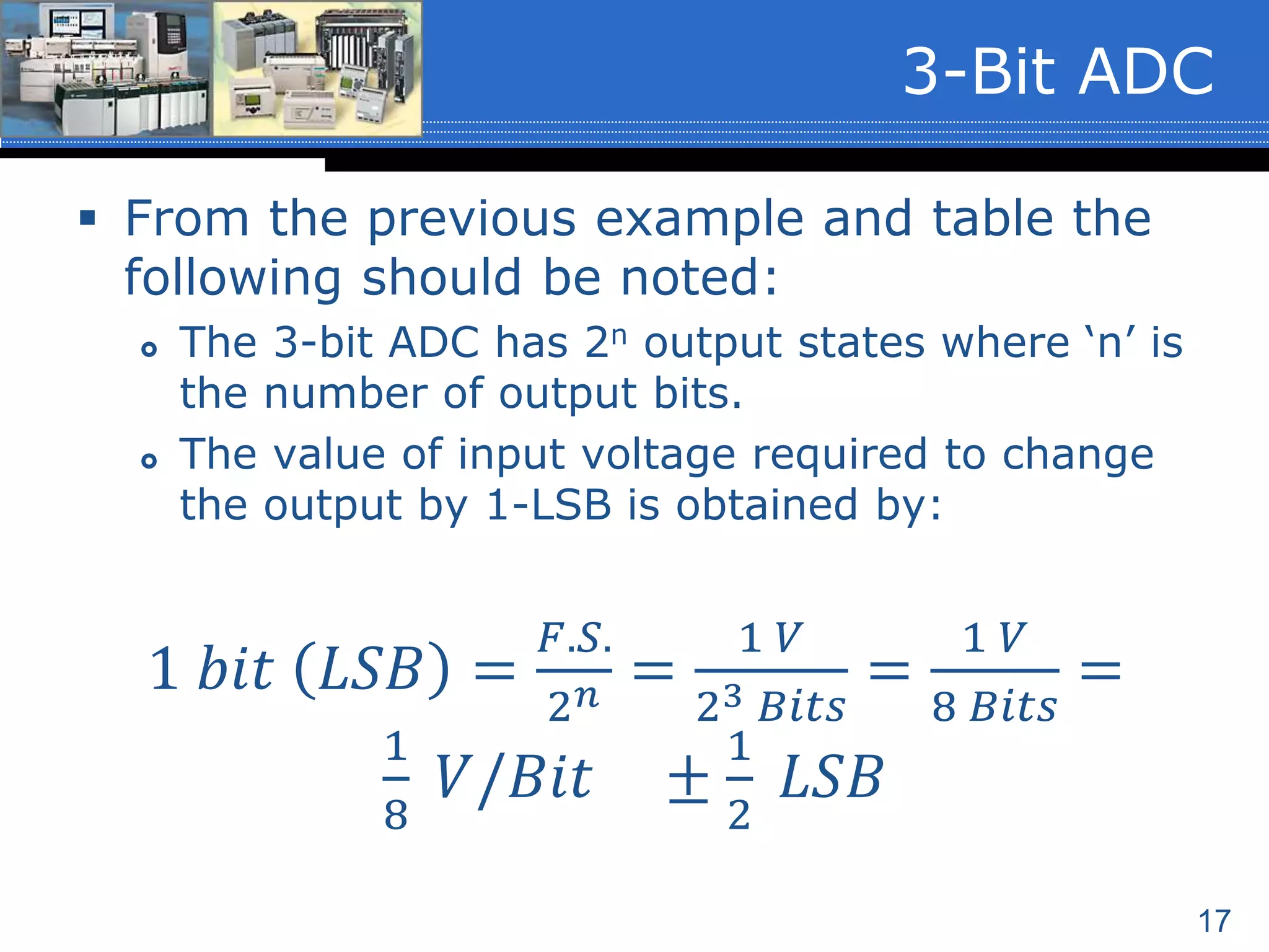 17
 From the previous example and table the
following should be noted:
 The 3-bit ADC has 2n output states where ‘n’ is
the number of output bits.
 The value of input voltage required to change
the output by 1-LSB is obtained by:
3-Bit ADC
1 𝑏𝑖𝑡 𝐿𝑆𝐵 =
𝐹.𝑆.
2 𝑛 =
1 𝑉
23 𝐵𝑖𝑡𝑠
=
1 𝑉
8 𝐵𝑖𝑡𝑠
=
1
8
𝑉/𝐵𝑖𝑡 ±
1
2
𝐿𝑆𝐵
 