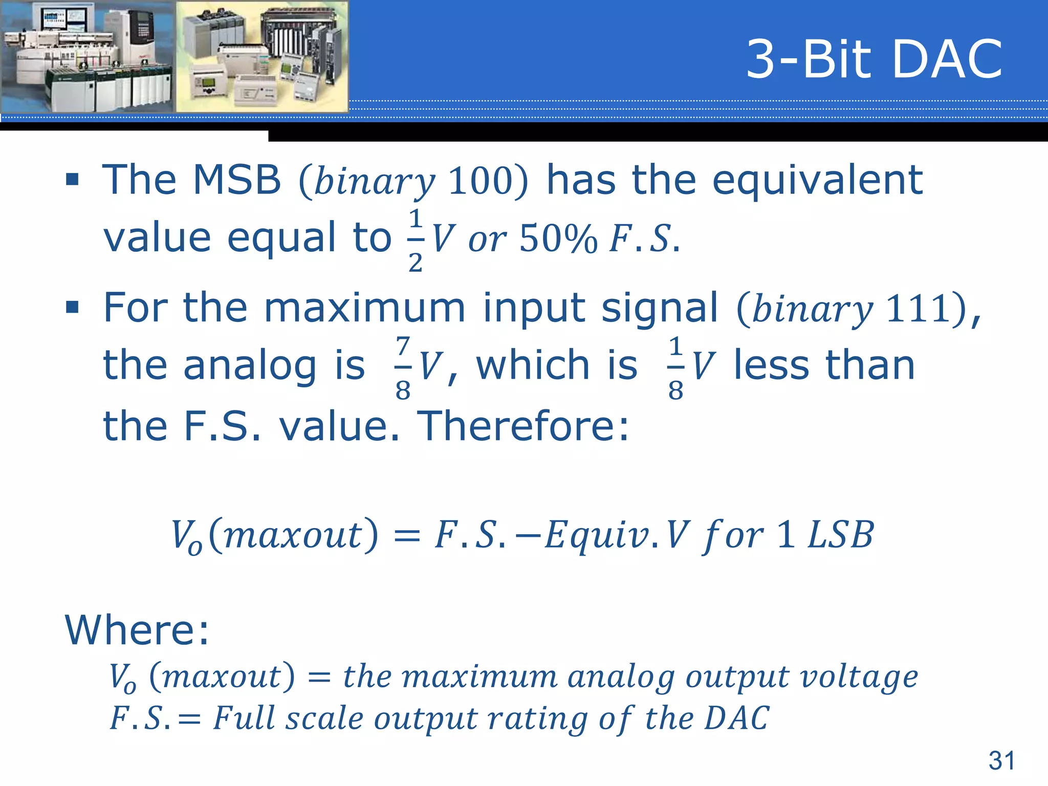 31
 The MSB 𝑏𝑖𝑛𝑎𝑟𝑦 100 has the equivalent
value equal to
1
2
𝑉 𝑜𝑟 50% 𝐹. 𝑆.
 For the maximum input signal 𝑏𝑖𝑛𝑎𝑟𝑦 111 ,
the analog is
7
8
𝑉, which is
1
8
𝑉 less than
the F.S. value. Therefore:
𝑉𝑜 𝑚𝑎𝑥𝑜𝑢𝑡 = 𝐹. 𝑆. −𝐸𝑞𝑢𝑖𝑣. 𝑉 𝑓𝑜𝑟 1 𝐿𝑆𝐵
Where:
𝑉𝑜 𝑚𝑎𝑥𝑜𝑢𝑡 = 𝑡ℎ𝑒 𝑚𝑎𝑥𝑖𝑚𝑢𝑚 𝑎𝑛𝑎𝑙𝑜𝑔 𝑜𝑢𝑡𝑝𝑢𝑡 𝑣𝑜𝑙𝑡𝑎𝑔𝑒
𝐹. 𝑆. = 𝐹𝑢𝑙𝑙 𝑠𝑐𝑎𝑙𝑒 𝑜𝑢𝑡𝑝𝑢𝑡 𝑟𝑎𝑡𝑖𝑛𝑔 𝑜𝑓 𝑡ℎ𝑒 𝐷𝐴𝐶
3-Bit DAC
 