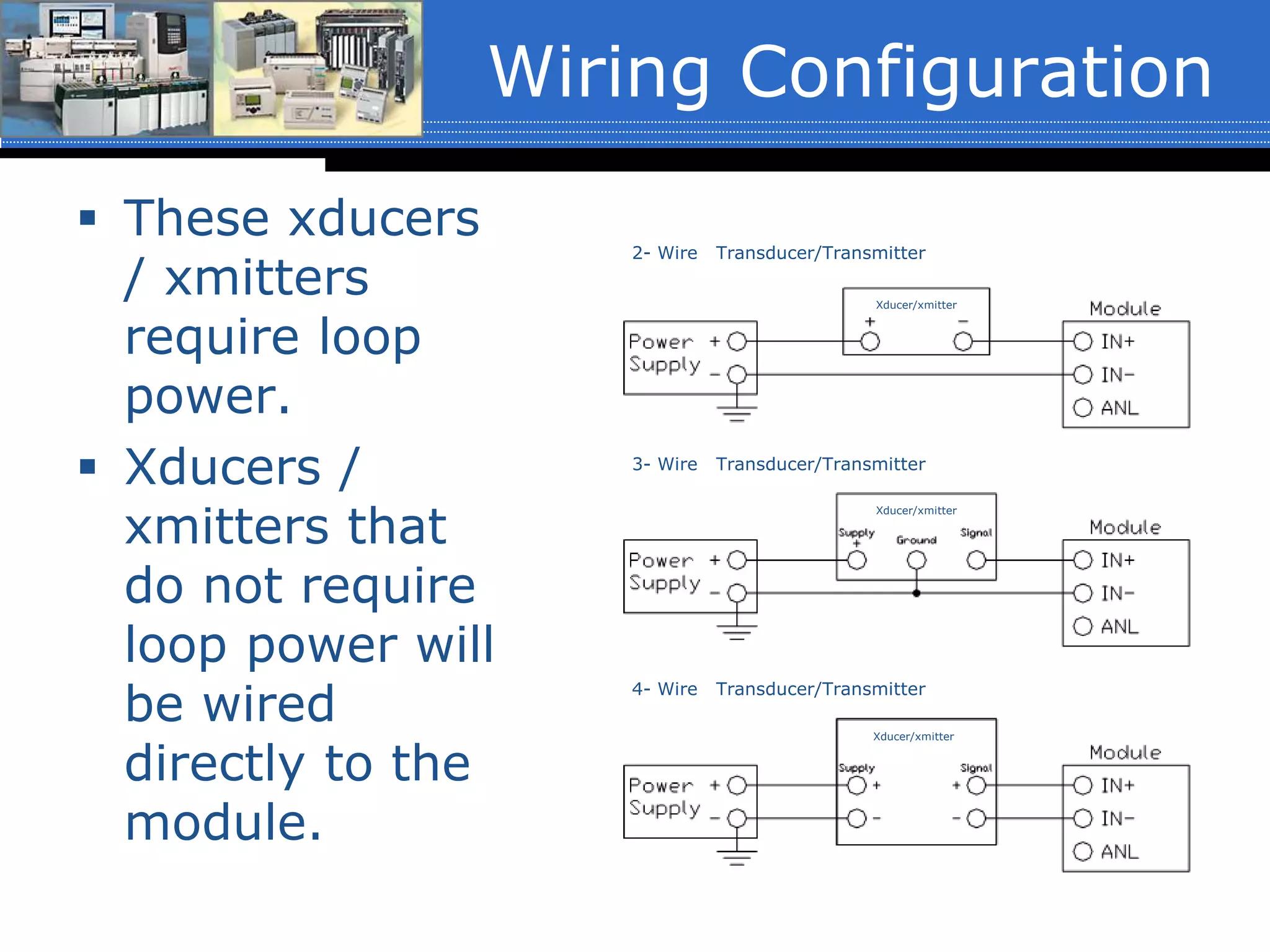 Wiring Configuration
 These xducers
/ xmitters
require loop
power.
 Xducers /
xmitters that
do not require
loop power will
be wired
directly to the
module.
2- Wire Transducer/Transmitter
3- Wire Transducer/Transmitter
4- Wire Transducer/Transmitter
Xducer/xmitter
Xducer/xmitter
Xducer/xmitter
 