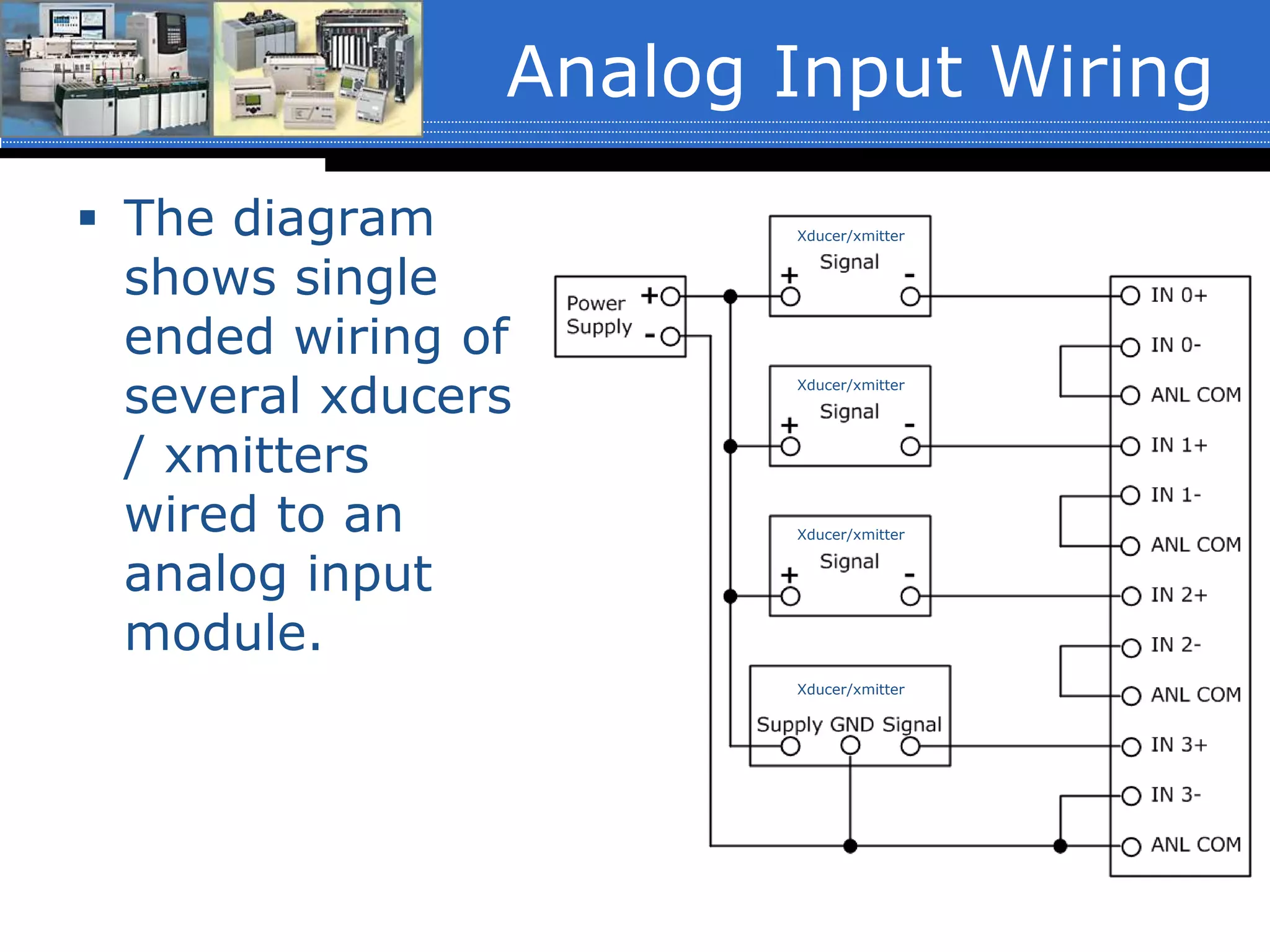 Analog Input Wiring
 The diagram
shows single
ended wiring of
several xducers
/ xmitters
wired to an
analog input
module.
Xducer/xmitter
Xducer/xmitter
Xducer/xmitter
Xducer/xmitter
 