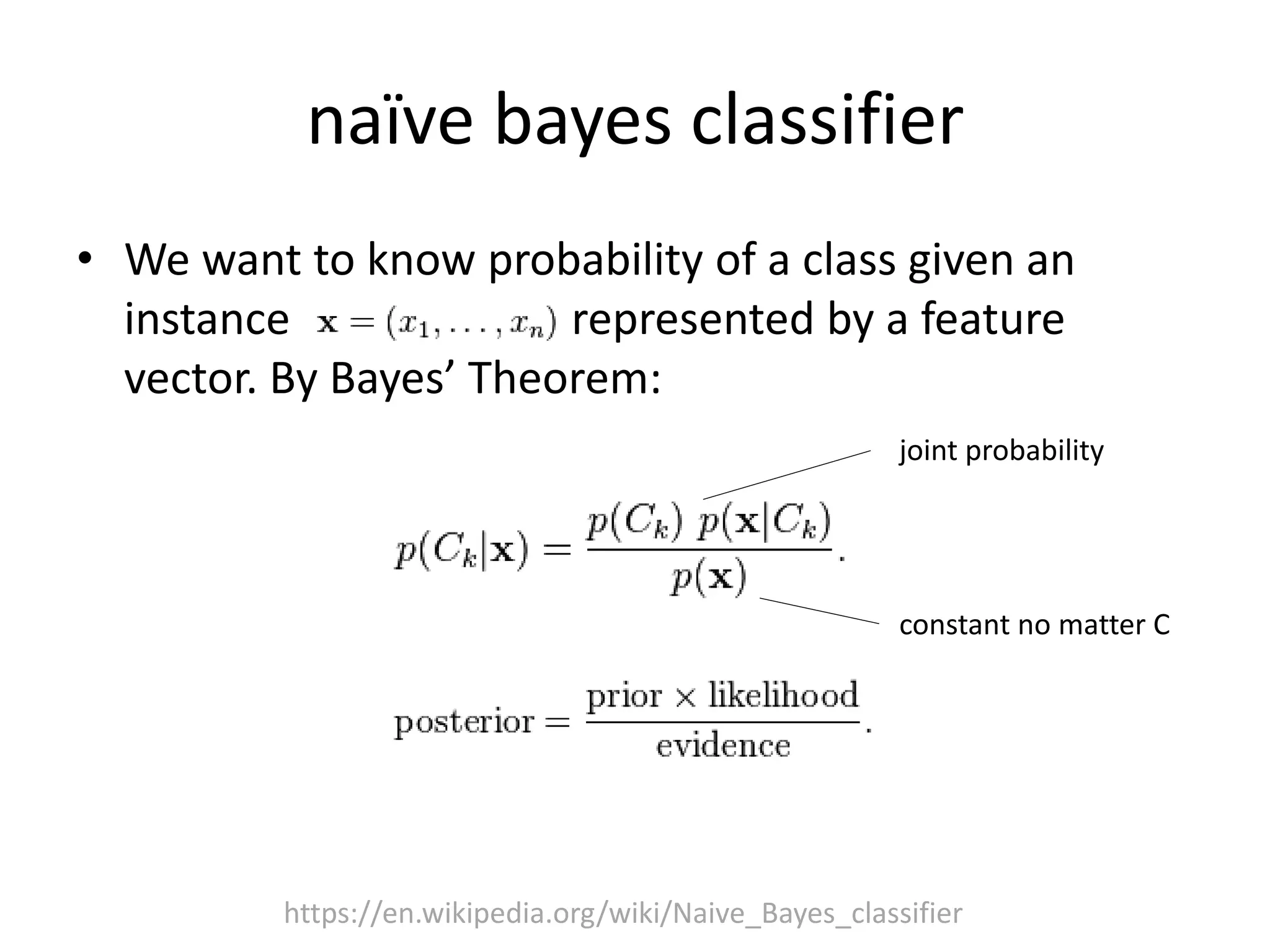 naïve bayes classifier
• We want to know probability of a class given an
instance represented by a feature
vector. By Bayes’ Theorem:
https://en.wikipedia.org/wiki/Naive_Bayes_classifier
constant no matter C
joint probability
 