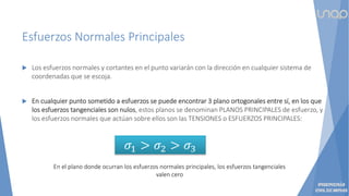 Esfuerzos Normales Principales
 Los esfuerzos normales y cortantes en el punto variarán con la dirección en cualquier sistema de
coordenadas que se escoja.
 En cualquier punto sometido a esfuerzos se puede encontrar 3 plano ortogonales entre sí, en los que
los esfuerzos tangenciales son nulos, estos planos se denominan PLANOS PRINCIPALES de esfuerzo, y
los esfuerzos normales que actúan sobre ellos son las TENSIONES o ESFUERZOS PRINCIPALES:
𝜎1 > 𝜎2 > 𝜎3
En el plano donde ocurran los esfuerzos normales principales, los esfuerzos tangenciales
valen cero
 