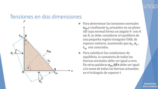 Tensiones en dos dimensiones
 Para determinar las tensiones normales
σNϑ y cizallanate τϑ actuantes en un plano
AB cuya normal forma un ángulo ϑ con el
eje X, se debe considerar el equilibrio de
una pequeña región triangular OAB, de
espesor unitario, asumiendo que σx , σy ,
τxy son conocidas.
 Para satisfacer las condiciones de
equilibrio, la sumatoria de todas las
fuerzas normales debe ser igual a cero.
En otras palabras σNϑ AB t debe ser igual
a la suma de todas las fuerzas actuantes
en el triángulo de espesor t
ϑ
ϑ
τyx
τxy
σx
τϑ
σNϑ
y
x
ϑ
ϑ
σy
O
B
A
 