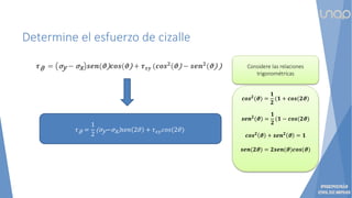 Determine el esfuerzo de cizalle
𝝉ϑ = σy − σx 𝒔𝒆𝒏(𝝑)𝒄𝒐𝒔(𝝑) + 𝝉𝒙𝒚 (𝒄𝒐𝒔𝟐
(𝝑) − 𝒔𝒆𝒏𝟐
(𝝑) ) Considere las relaciones
trigonométricas
𝒄𝒐𝒔𝟐
(𝝑) =
𝟏
𝟐
(𝟏 + 𝒄𝒐𝒔(𝟐𝝑)
𝒔𝒆𝒏𝟐
(𝝑) =
𝟏
𝟐
(𝟏 − 𝒄𝒐𝒔(𝟐𝝑)
𝒄𝒐𝒔𝟐
𝝑 + 𝒔𝒆𝒏𝟐
𝝑 = 𝟏
𝒔𝒆𝒏(𝟐𝝑) = 𝟐𝒔𝒆𝒏(𝝑)𝒄𝒐𝒔(𝝑)
𝜏ϑ =
1
2
(σy−σx)𝑠𝑒𝑛 2𝜗 + 𝜏𝑥𝑦𝑐𝑜𝑠(2𝜗)
 