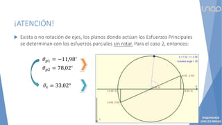 ¡ATENCIÓN!
 Exista o no rotación de ejes, los planos donde actúan los Esfuerzos Principales
se determinan con los esfuerzos parciales sin rotar. Para el caso 2, entonces:
𝜗𝑝1 = −11,98°
𝜗𝑝2 = 78,02°
𝜗𝑠 = 33,02°
A 90° del plano de 𝜎1, ocurre 𝜎2
A 45° del plano de 𝜎1, ocurre 𝜏𝑚𝑎𝑥
 