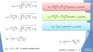 σ′x =
σx + σ𝑦
2
+(
σx − σ𝑦
2
)𝑐𝑜𝑠 2𝜗 + 𝜏𝑥𝑦𝑠𝑒𝑛(2𝜗)
σ′y =
σx + σ𝑦
2
− (
σx − σ𝑦
2
)𝑐𝑜𝑠 2𝜗 − 𝜏𝑥𝑦𝑠𝑒𝑛(2𝜗)
𝜏′xy =
1
2
(σy−σx)𝑠𝑒𝑛 2𝜗 + 𝜏𝑥𝑦𝑐𝑜𝑠(2𝜗)
 