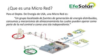 ¿Que es una Micro Red?
Para el Depto. De Energía de USA, una Micro Red es:
“Un grupo localizado de fuentes de generación de energía distribuidas,
consumos y mecanismos de almacenamiento los cuales pueden operar como
parte de la red central o como una isla independiente.”
 