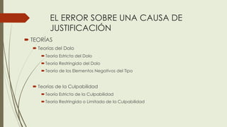 EL ERROR SOBRE UNA CAUSA DE
JUSTIFICACIÓN
 TEORÍAS
 Teorías del Dolo
Teoría Estricta del Dolo
Teoría Restringida del Dolo
Teoría de los Elementos Negativos del Tipo
 Teorías de la Culpabilidad
Teoría Estricta de la Culpabilidad
Teoría Restringida o Limitada de la Culpabilidad
 