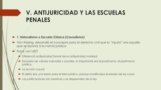 V. ANTIJURICIDAD Y LAS ESCUELAS
PENALES
 1. Naturalismo o Escuela Clásica (Causalismo)
 Von Ihering, desarrolló el concepto para el derecho civil que lo “injusto” era aquello
que se oponía a la norma jurídica
 Franz von LISZT
 Diferenció antijuricidad formal de la antijuricidad material
 Exclusión de valores culturales y sociales, lo importante era el positivismo, el positivismo
jurídico,
 La acción causal
 El delito era una lesión para el bien jurídico, porque modificaba el estado de las cosas
 Las justificaciones son taxativas y se desprenden de la ley
 