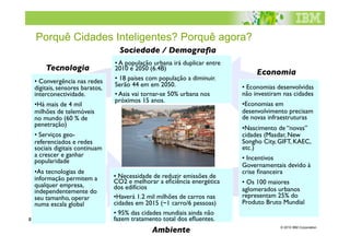 Porquê Cidades Inteligentes? Porquê agora?
                                     Sociedade / Demograﬁa
                                   • A população urbana irá duplicar entre
        Tecnologia
                2010 e 2050 (6.4B)
                                                                                  Economia
   • Convergência nas redes        • 18 países com população a diminuir.
                                   Serão 44 em em 2050.
                     • Economias desenvolvidas
   digitais, sensores baratos,
   interconectividade. 
           • Asia vai tornar-se 50% urbana nos       não investiram nas cidades
                                   próximos 15 anos.
   •  á mais de 4 mil
    H                                                                        •  conomias em
                                                                              E
   milhões de telemóveis                                                     desenvolvimento precisam
   no mundo (60 % de                                                         de novas infraestruturas 
   penetração)
                                                                             •  ascimento de “novas”
                                                                              N
   • Serviços geo-                                                           cidades (Masdar, New
   referenciados e redes                                                     Songho City, GIFT, KAEC,
   sociais digitais continuam                                                etc.)
   a crescer e ganhar                                                        • Incentivos
   popularidade 
                                                                             Governamentais devido à
   •  s tecnologias de
    A                                                                        crise ﬁnanceira
   informação permitem a           • Necessidade de reduzir emissões de
                                   CO2 e melhorar a eﬁciência energética     • Os 100 maiores
   qualquer empresa,               dos edifícios 
   independentemente do                                                      aglomerados urbanos
   seu tamanho, operar             •  averá 1.2 mil milhões de carros nas
                                    H                                        representam 25% do
   numa escala global
             cidades em 2015 (~1 carro/6 pessoas)
     Produto Bruto Mundial
                                   • 95% das cidades mundiais ainda não
Source: Various; IBM MI Analysis   fazem tratamento total dos eﬂuentes.
                                                Ambiente
                                  © 2010 IBM Corporation
 
