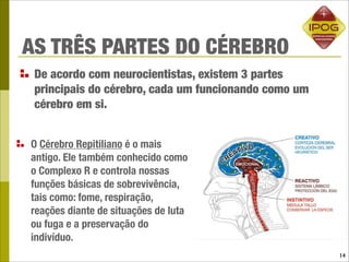 AS TRÊS PARTES DO CÉREBRO
 De acordo com neurocientistas, existem 3 partes
 principais do cérebro, cada um funcionando como um
 cérebro em si.


O Cérebro Repitiliano é o mais
antigo. Ele também conhecido como
o Complexo R e controla nossas
funções básicas de sobrevivência,
tais como: fome, respiração,
reações diante de situações de luta
ou fuga e a preservação do
indivíduo.
                                                      14
 