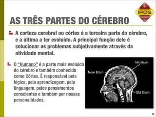 AS TRÊS PARTES DO CÉREBRO
 A corteza cerebral ou córtex é a terceira parte do cérebro,
 e a última a ter evoluído. A principal função dele é
 solucionar os problemas subjetivamente através da
 atividade mental.

O “Humano” é a parte mais evoluída
do cérebro e também conhecida
como Córtex. É responsável pela
lógica, pela aprendizagem, pela
linguagem, pelos pensamentos
conscientes e também por nossas
personalidades.

                                                               16
 