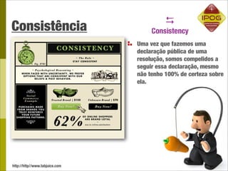 Consistência
                                Uma vez que fazemos uma
                                declaração pública de uma
                                resolução, somos compelidos a
                                seguir essa declaração, mesmo
                                não tenho 100% de certeza sobre
                                ela.




http://http//www.tabjuice.com
 