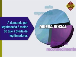 auto
                       expressão
     A demanda por
legitimação é maior      MOEDA SOCIAL
  do que a oferta de
       legitimadores

                            legitimação
                            reconhecimento
 