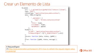 X-RequestDigest:
(1) http://www.wictorwilen.se/sharepoint-2013-how-to-refresh-the-request-digest-value-
in-javascript
 