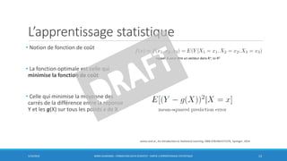 L’apprentissage statistique
• Notion de fonction de coût
• La fonction optimale est celle qui
minimise la fonction de coût
• Celle qui minimise la moyenne des
carrés de la différence entre la réponse
Y et les g(X) sur tous les points x de X
5/10/2016 BORIS GUARISMA - FORMATION DATA SCIENTIST - PARTIE 3 APPRENTISSAGE STATISTIQUE 13
rappel: X peut être un vecteur dans Rn, ici R3
James and al., An introduction to Statistical Learning, ISBN 9781461471370, Springer, 2014
 