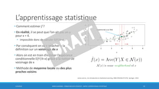 L’apprentissage statistique
• Comment estimer f ?
• En réalité, il se peut que l’on ait pas un y
pour x = 4.
• impossible donc de calculer E(Y|X=x) !
• Par conséquent on va « relâcher » la
définition sur un voisinage de x
• Alors on est en train d’estimer l’espérance
conditionnelle E(Y|X=x) grâce à la notion de
voisinage de x
• Méthode de moyenne locale ou des plus
proches voisins
5/10/2016 BORIS GUARISMA - FORMATION DATA SCIENTIST - PARTIE 3 APPRENTISSAGE STATISTIQUE 15
moyenne des y sur 𝛮(4)
James and al., An introduction to Statistical Learning, ISBN 9781461471370, Springer, 2014
 