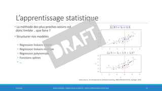 L’apprentissage statistique
• La méthode des plus proches voisins est
donc limitée .. que faire ?
• Structurer nos modèles
• Régression linéaire simple
• Régression linéaire multiple
• Régression polynomiale
• Fonctions splines
• …
5/10/2016 BORIS GUARISMA - FORMATION DATA SCIENTIST - PARTIE 3 APPRENTISSAGE STATISTIQUE 17
James and al., An introduction to Statistical Learning, ISBN 9781461471370, Springer, 2014
 