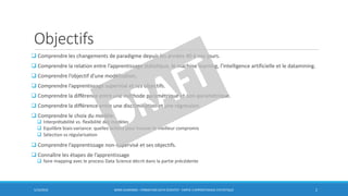 Objectifs
 Comprendre les changements de paradigme depuis les années 40 à nos jours.
 Comprendre la relation entre l’apprentissage statistique, le machine learning, l’intelligence artificielle et le datamining.
 Comprendre l’objectif d’une modélisation.
 Comprendre l’apprentissage supervisé et ses objectifs.
 Comprendre la différence entre une méthode paramétrique et non-paramétrique.
 Comprendre la différence entre une discrimination et une régression.
 Comprendre le choix du modèle:
 Interprétabilité vs. flexibilité des modèles
 Equilibre biais-variance: quelles actions pour trouver le meilleur compromis
 Sélection vs régularisation
 Comprendre l’apprentissage non-supervisé et ses objectifs.
 Connaître les étapes de l’apprentissage
 faire mapping avec le process Data Science décrit dans la partie précédente
5/10/2016 BORIS GUARISMA - FORMATION DATA SCIENTIST - PARTIE 3 APPRENTISSAGE STATISTIQUE 2
 