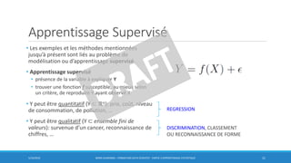 Apprentissage Supervisé
• Les exemples et les méthodes mentionnées
jusqu’à présent sont liés au problème de
modélisation ou d’apprentissage supervisé.
• Apprentissage supervisé
• présence de la variable à expliquer Y
• trouver une fonction f susceptible, au mieux selon
un critère, de reproduire Y ayant observé X
• Y peut être quantitatif (Y ⊂ ℝ 𝑛): prix, coût, niveau
de consommation, de pollution, …
• Y peut être qualitatif (Y ⊂ ensemble fini de
valeurs): survenue d’un cancer, reconnaissance de
chiffres, …
5/10/2016 BORIS GUARISMA - FORMATION DATA SCIENTIST - PARTIE 3 APPRENTISSAGE STATISTIQUE 21
REGRESSION
DISCRIMINATION, CLASSEMENT
OU RECONNAISSANCE DE FORME
 