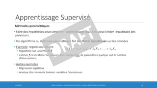 Apprentissage Supervisé
Méthodes paramétriques
• Faire des hypothèses peut simplifier l’apprentissage mais cela peut limiter l’exactitude des
prévisions.
• Un algorithme ou méthode paramétrique fait des fortes hypothèses sur les données
• Exemple: régression linéaire
• hypothèse sur la forme de f
• estimer f c’est estimer les valeurs d’un nombre fixe de paramètres quelque soit le nombre
d’observations.
• Autres exemples
• Régression logistique
• Analyse discriminante linéaire: variables Gaussiennes
5/10/2016 BORIS GUARISMA - FORMATION DATA SCIENTIST - PARTIE 3 APPRENTISSAGE STATISTIQUE 31
 