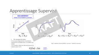 Apprentissage Supervisé
5/10/2016 BORIS GUARISMA - FORMATION DATA SCIENTIST - PARTIE 3 APPRENTISSAGE STATISTIQUE 38
à savoir
expliquer!
• On introduit du biais:
 on essaie d’approximer un problème
relativement complexe avec un modèle trop
simple
 le modèle a déjà une idée préconçue de la
relation entre Y et X
BIAIS IMPORTANT
FAIBLE AJUSTEMENT (underfit)
𝐸[ መ𝑓(x)] - 𝑓(x)
Ng A., Machine Learning MOOC, Coursera – Stanford University
 